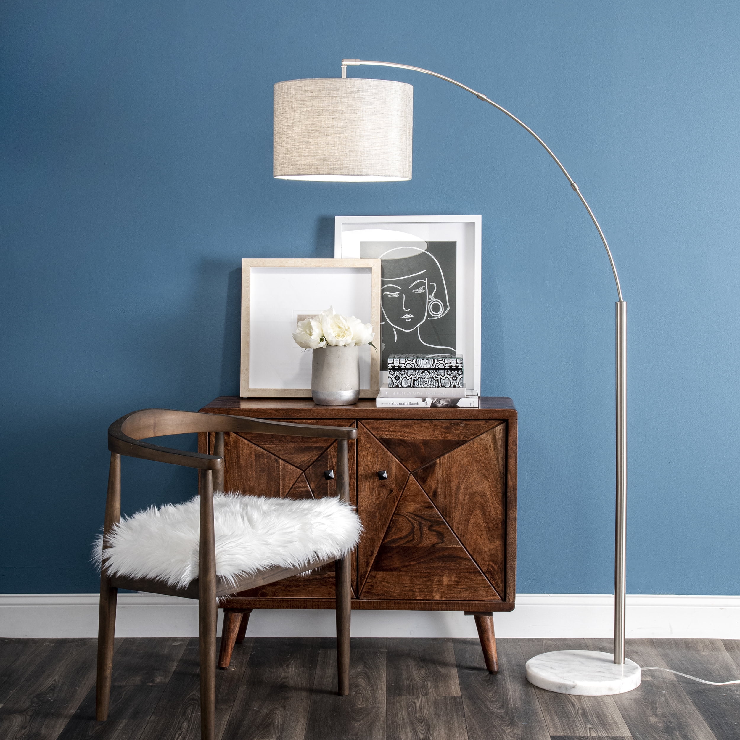 Elegant Silver Marble Floor Lamp with Fabric Drum Shade