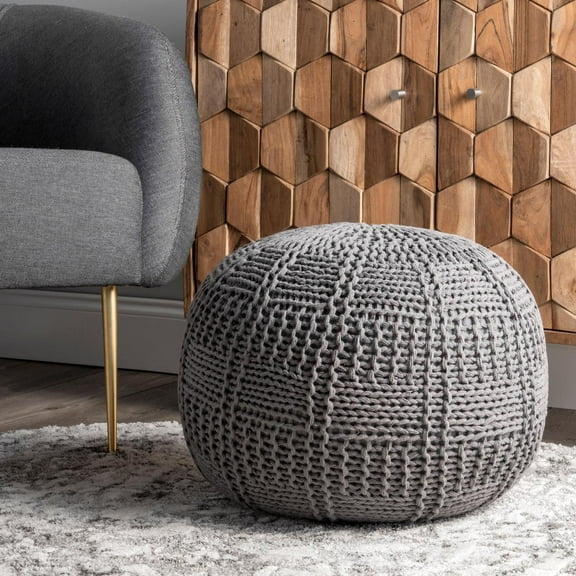 nuLOOM Berlin Casual Gray Cotton Circular Living-Room Pouf, Hand Knitted