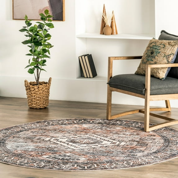 nuLOOM Bowie SpinClean Machine Washable Tribal Pattern Area Rug, 8', Round, Bowie Rust