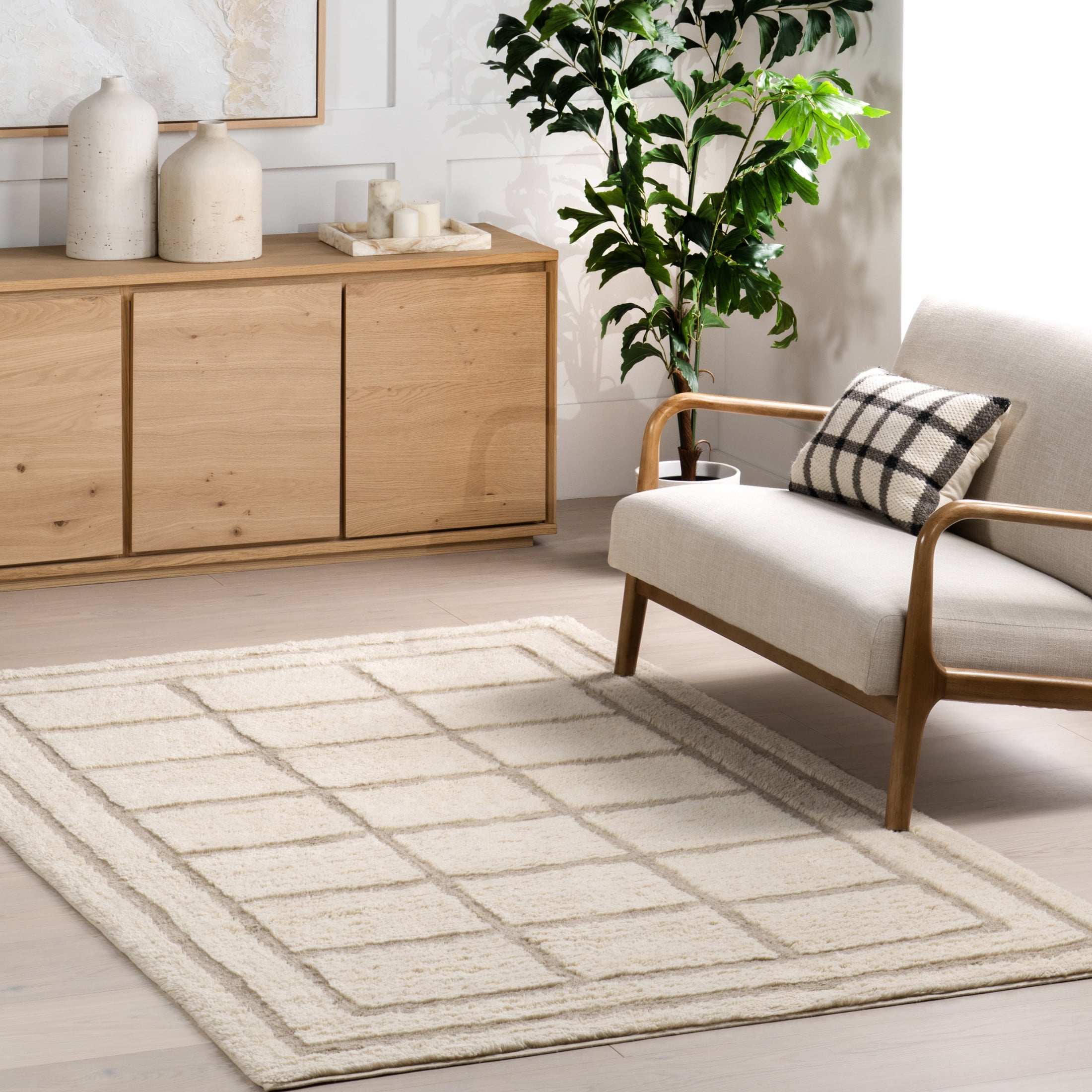 Ivory and Beige Geometric Wool Washable Area Rug, 4' x 6'