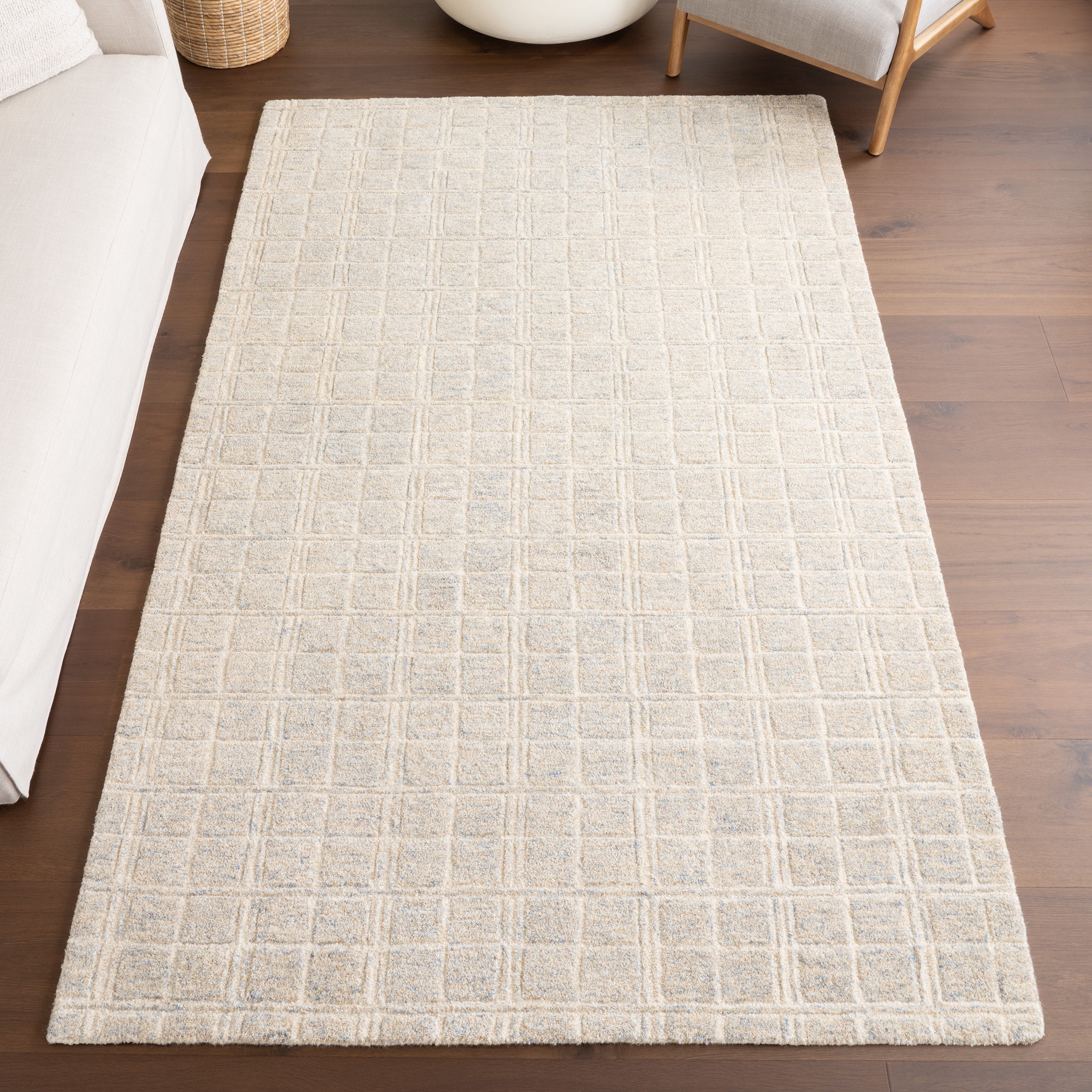Camellia Blue and Beige Wool Checkered 4' x 6' Area Rug