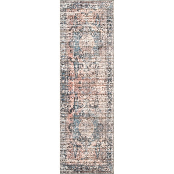 nuLOOM Cammy Machine Washable Faded Vintage Medallion Runner Rug, 2' 8" x 8', Blue