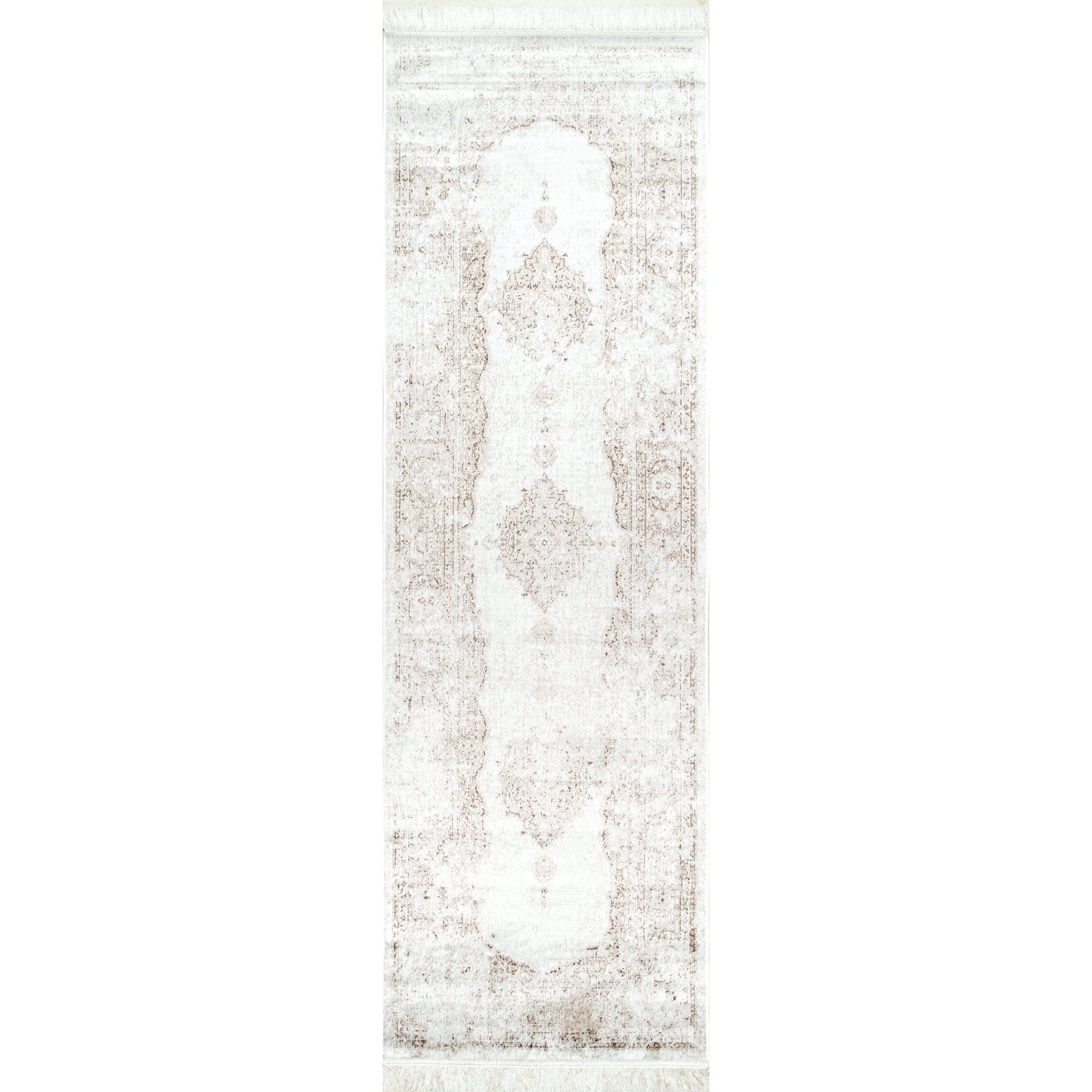 Ivory Medallion Viscose Runner Rug with Fringe, 2' 8" x 8'