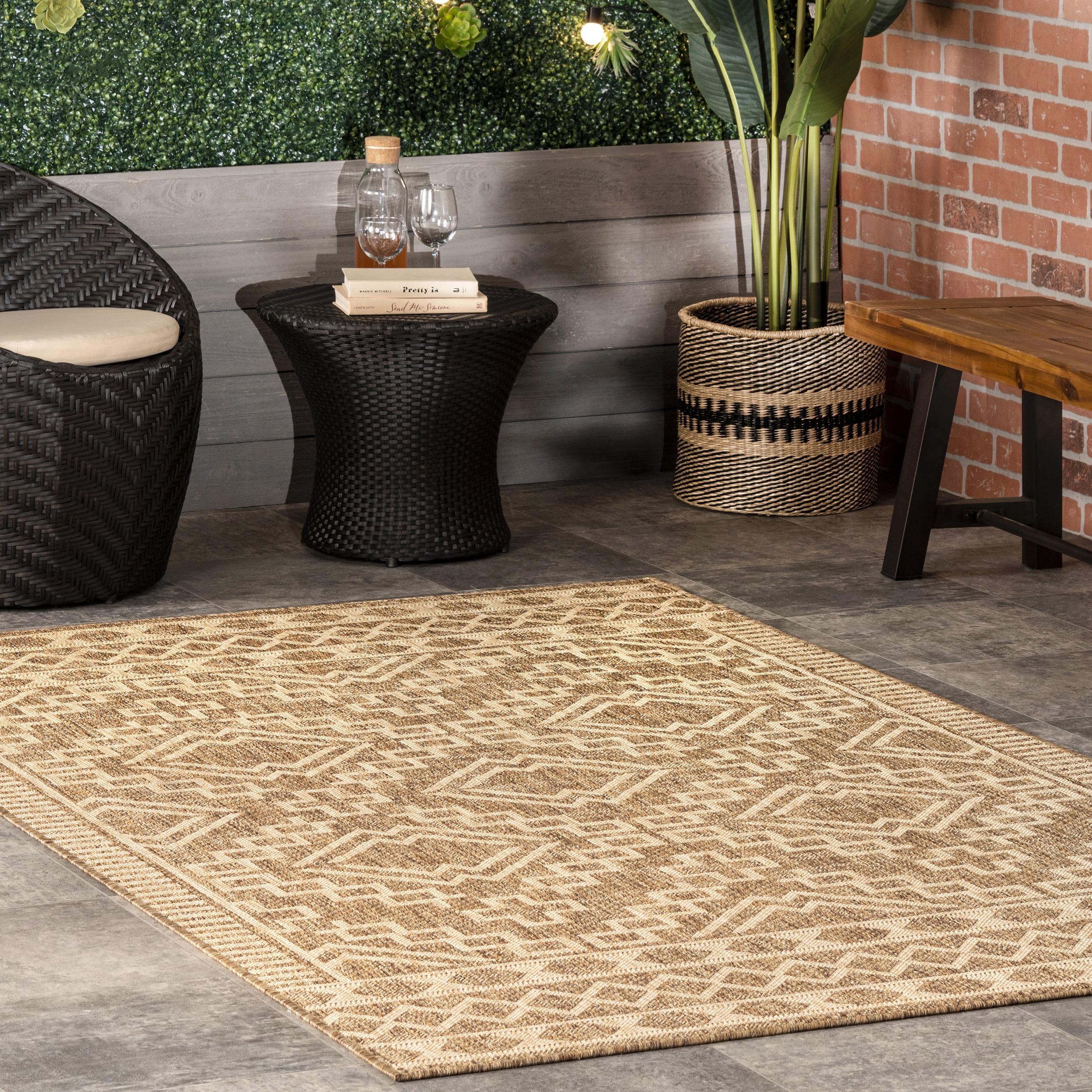 Beige Square Synthetic Easy-Care Indoor/Outdoor Area Rug, 8' x 10'