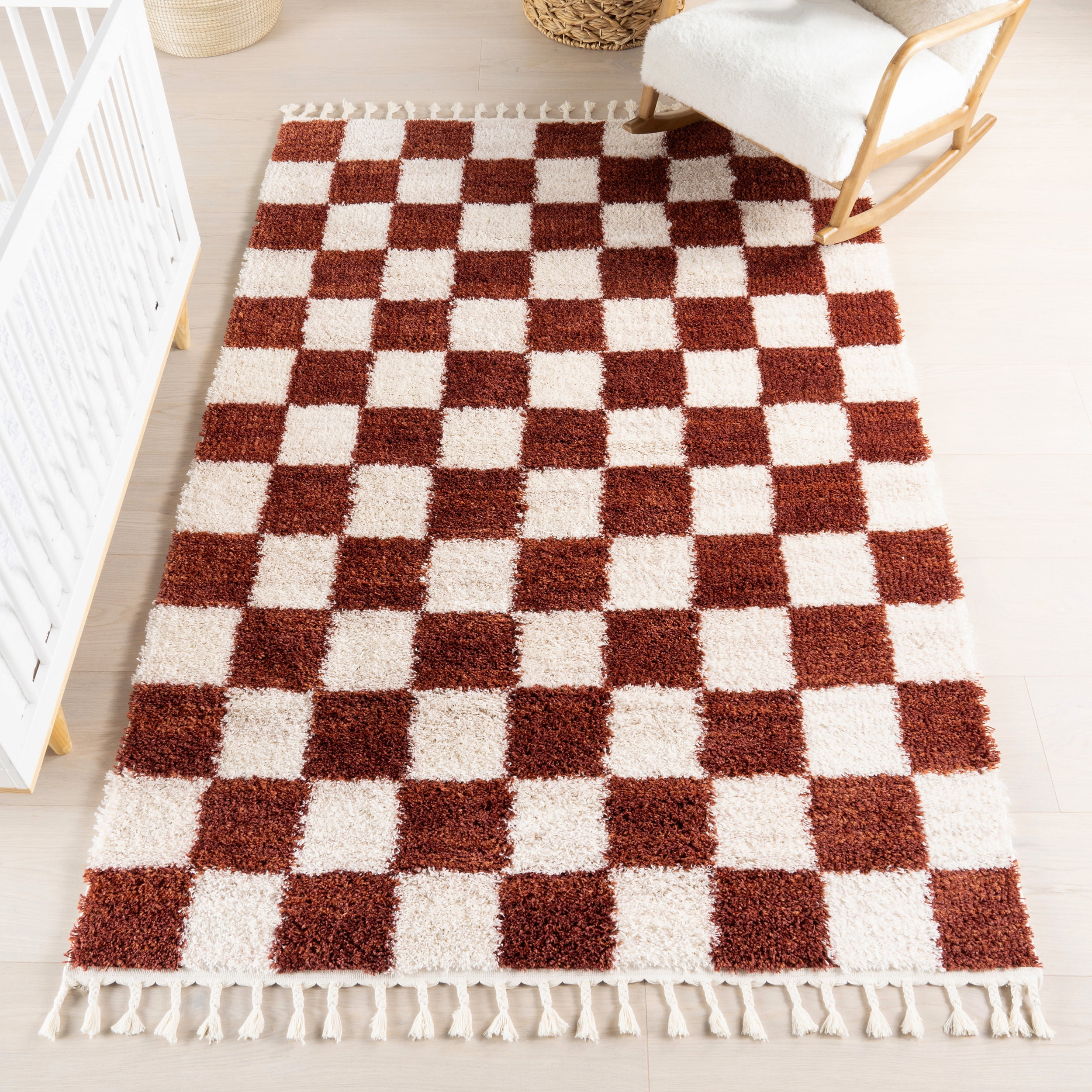 Red and Cream Checkered Synthetic Rectangular Area Rug