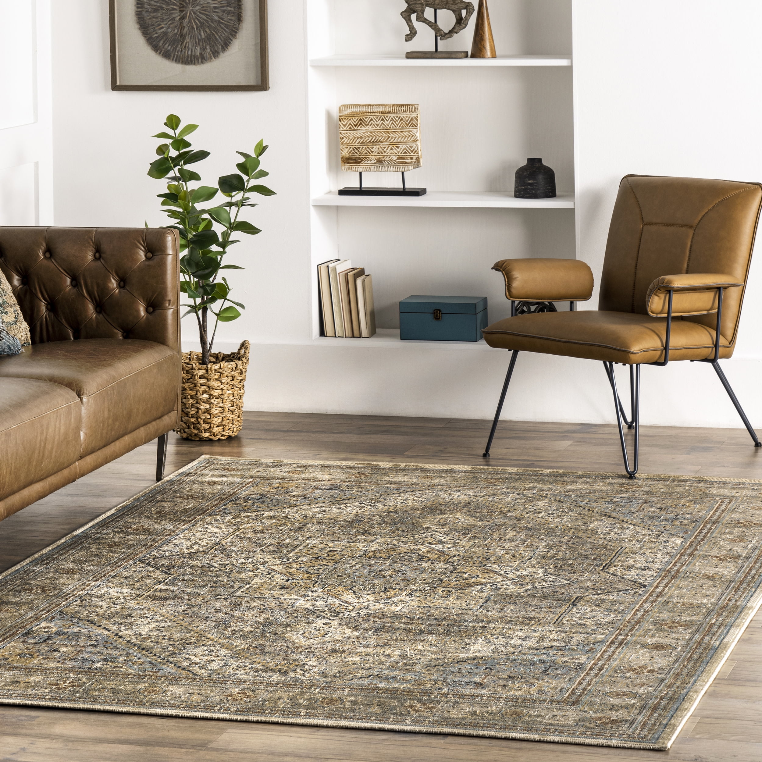 Beige Rectangular Synthetic Traditional Medallion Area Rug