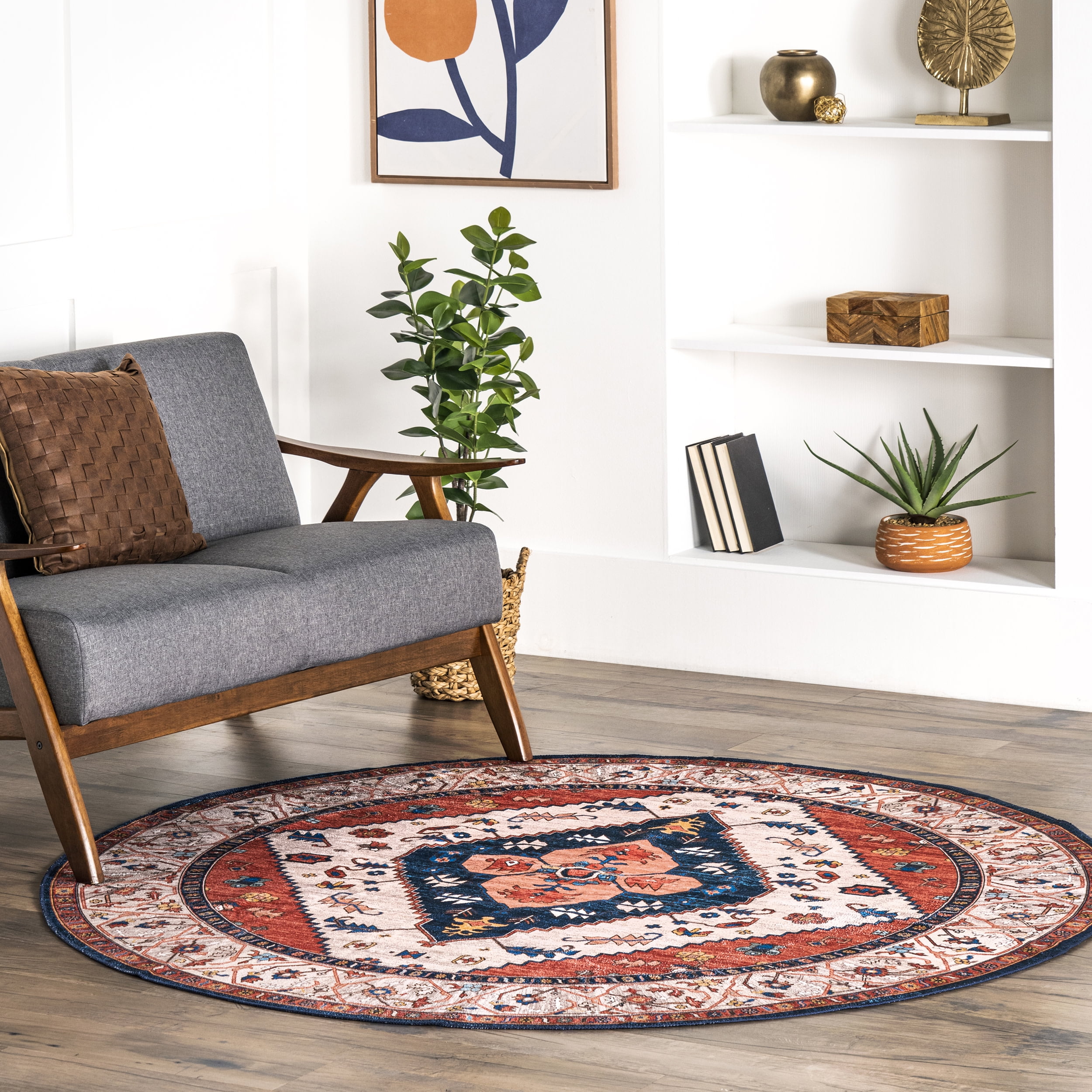 6' Round Red and Blue Oriental Synthetic Area Rug