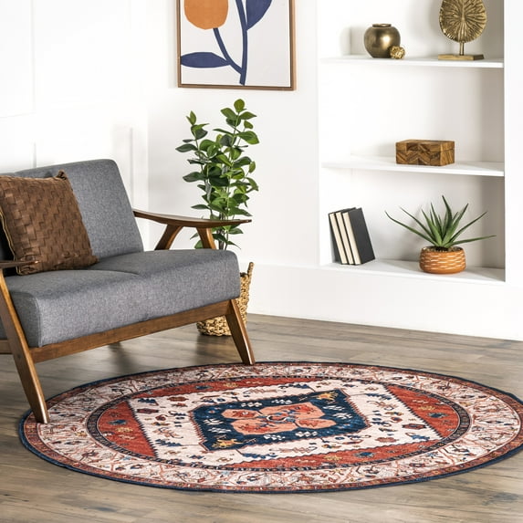 nuLOOM Carolyn SpinClean Machine Washable Tribal Motif Area Rug, 6', Round, Carolyn Rust