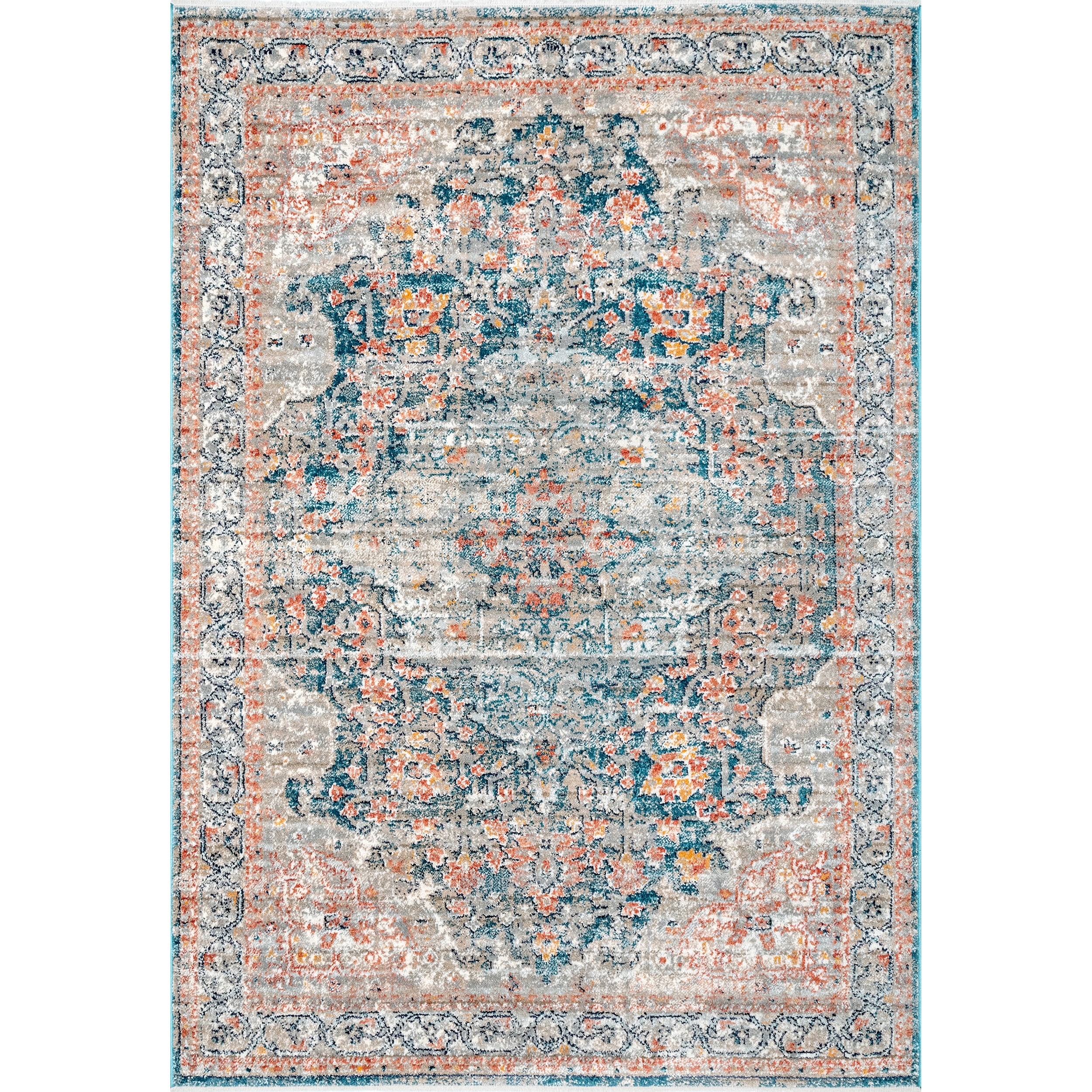 Blue Distressed Synthetic Traditional Medallion Area Rug