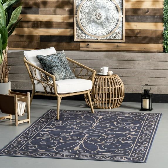 nuLOOM Chara Traditional Vines Machine Washable Indoor/Outdoor Area Rug, 8' x 10', Chara Navy