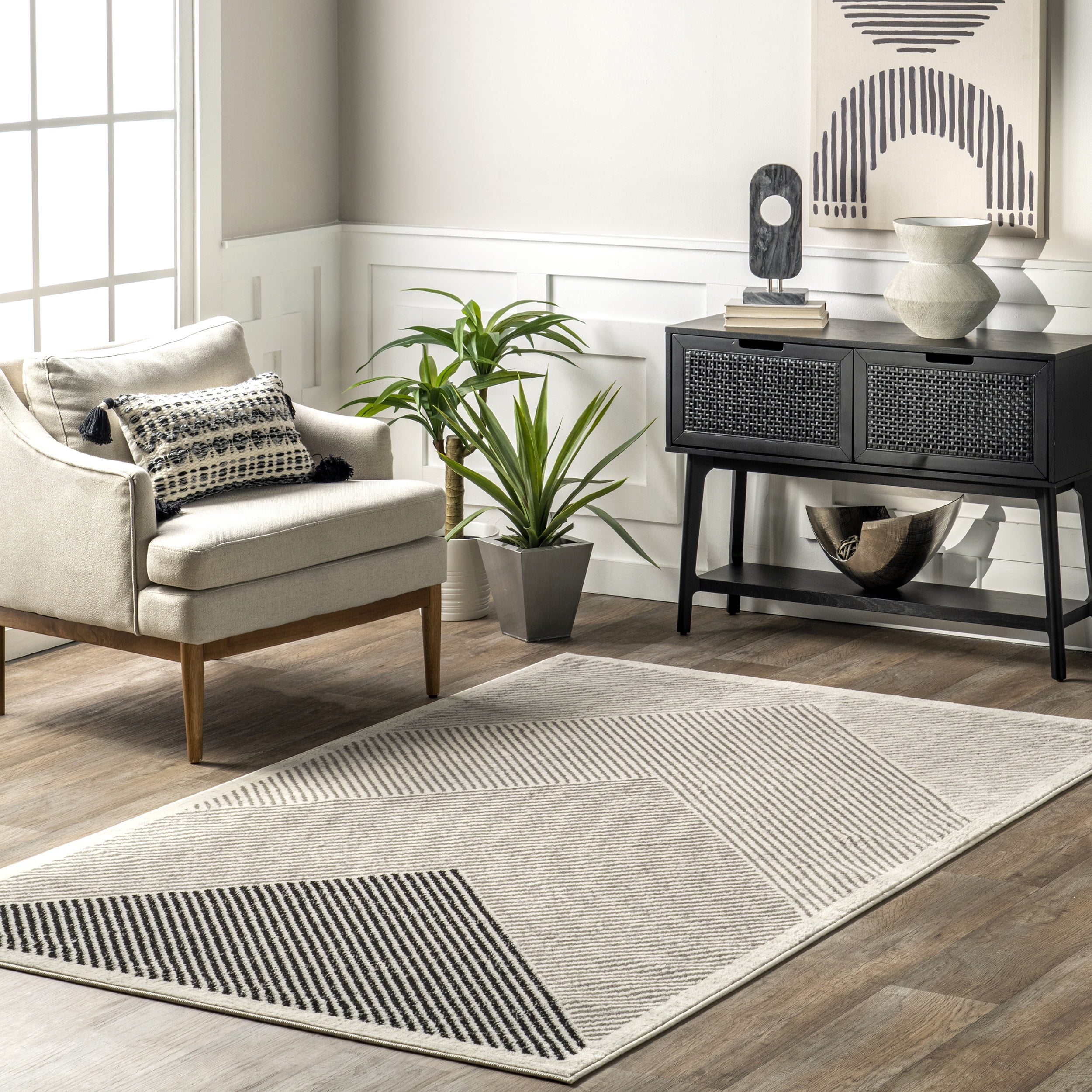 Charline Gray and Ivory Synthetic Stripe Area Rug, 12' x 15'
