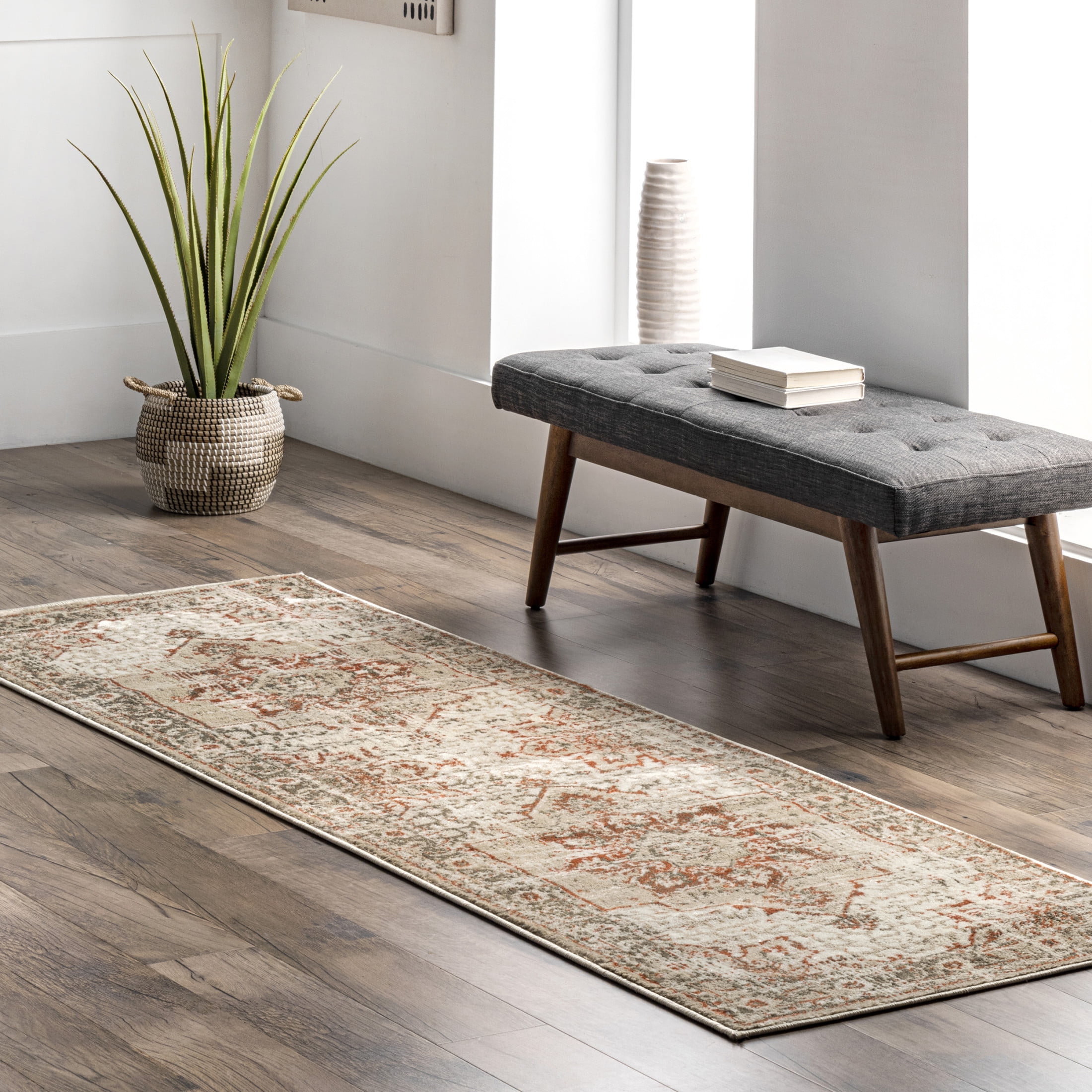 Beige Medallion Synthetic Runner Rug 2'6" x 8'