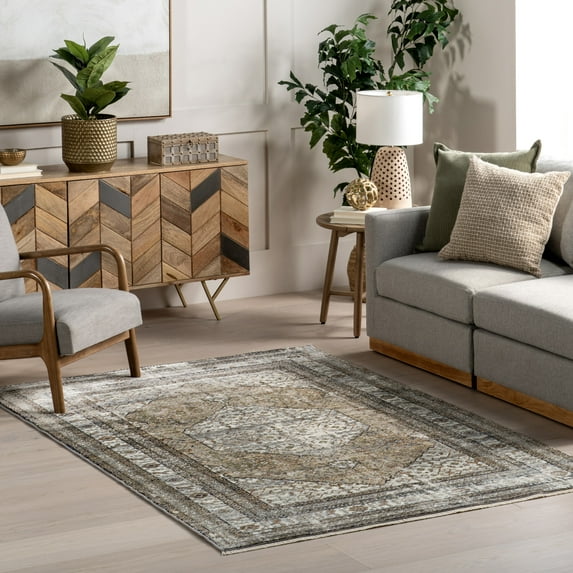 nuLOOM Charvi Distressed Medallion Fringe Area Rug, 5' x 7' 10", Charvi Light Brown
