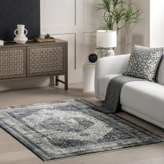 nuLOOM Charvi Distressed Medallion Fringe Area Rug, 8' x 10' 2", Navy