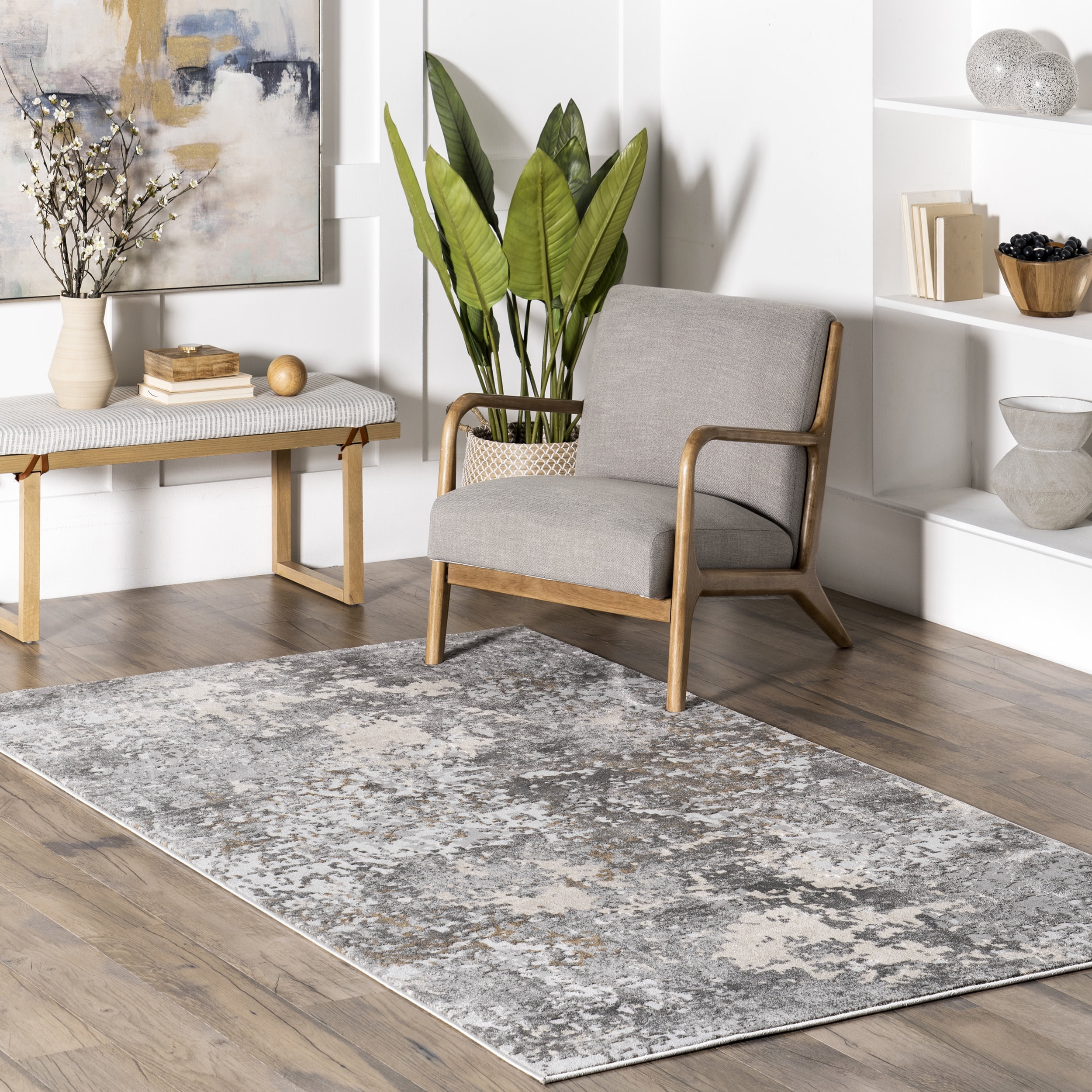 Gray Abstract Recycled Synthetic Rectangular Area Rug 6' 7" x 9'