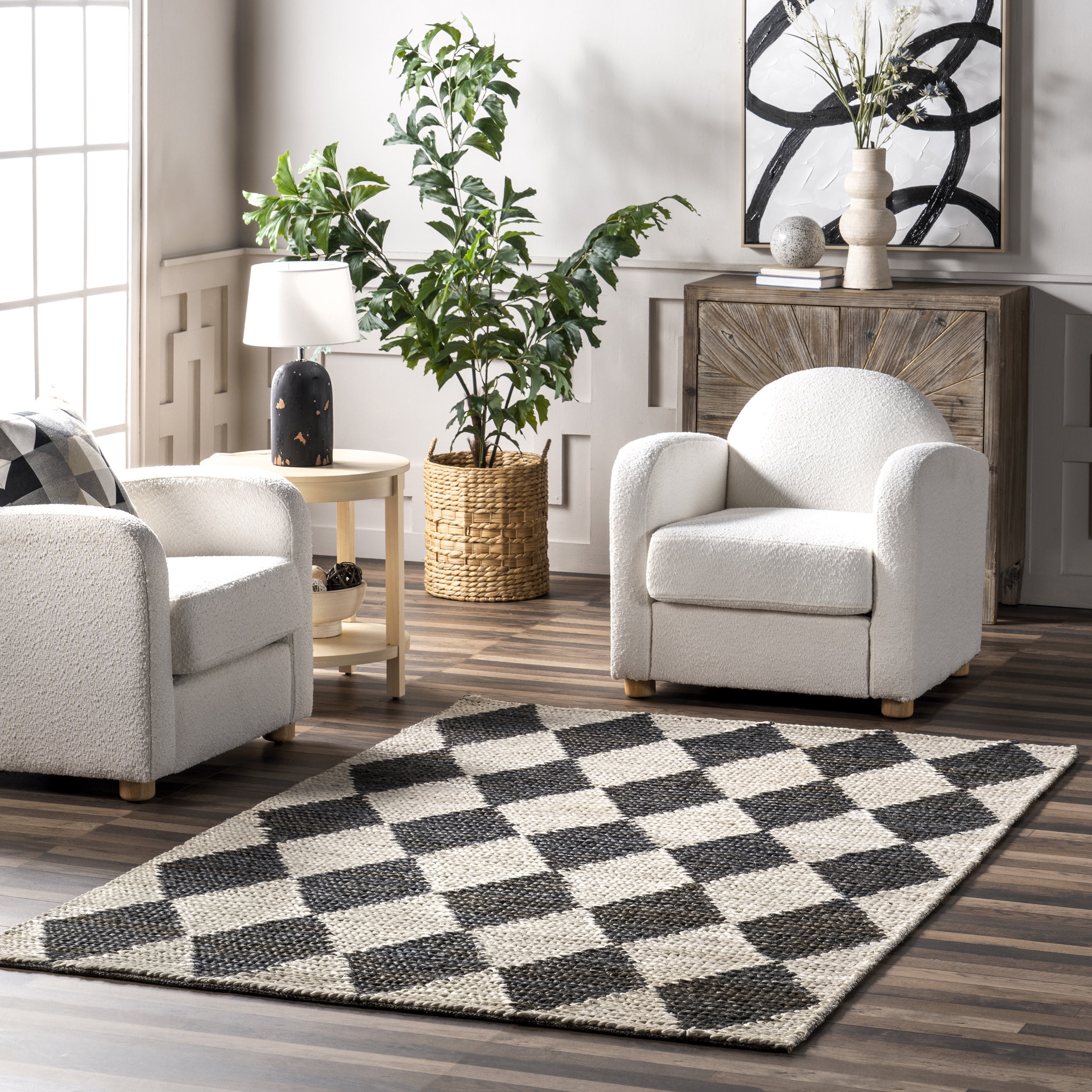 Charcoal and White Diamond Striped Cotton Area Rug, 8' x 10'