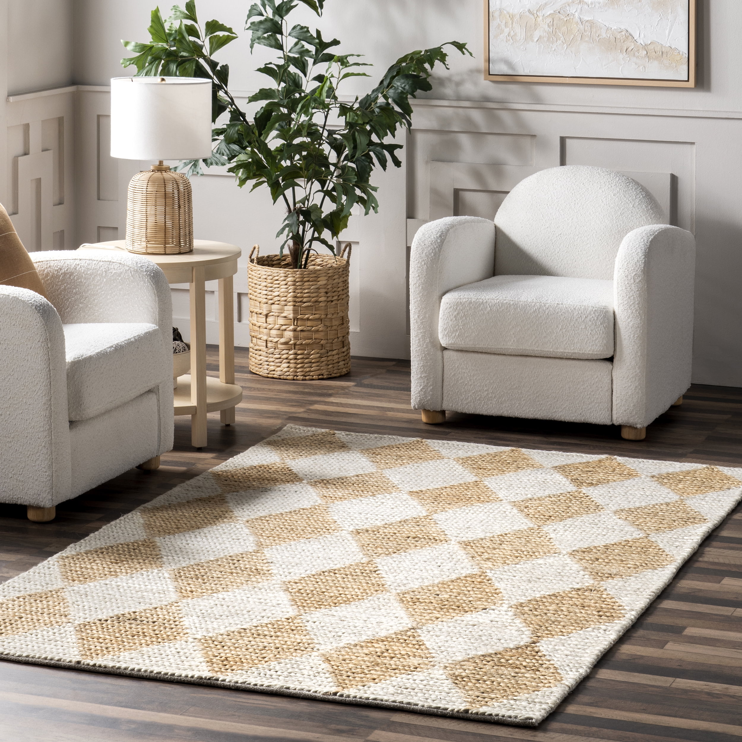 Natural and Ivory Diamond Striped Jute Blend 8x10 Area Rug