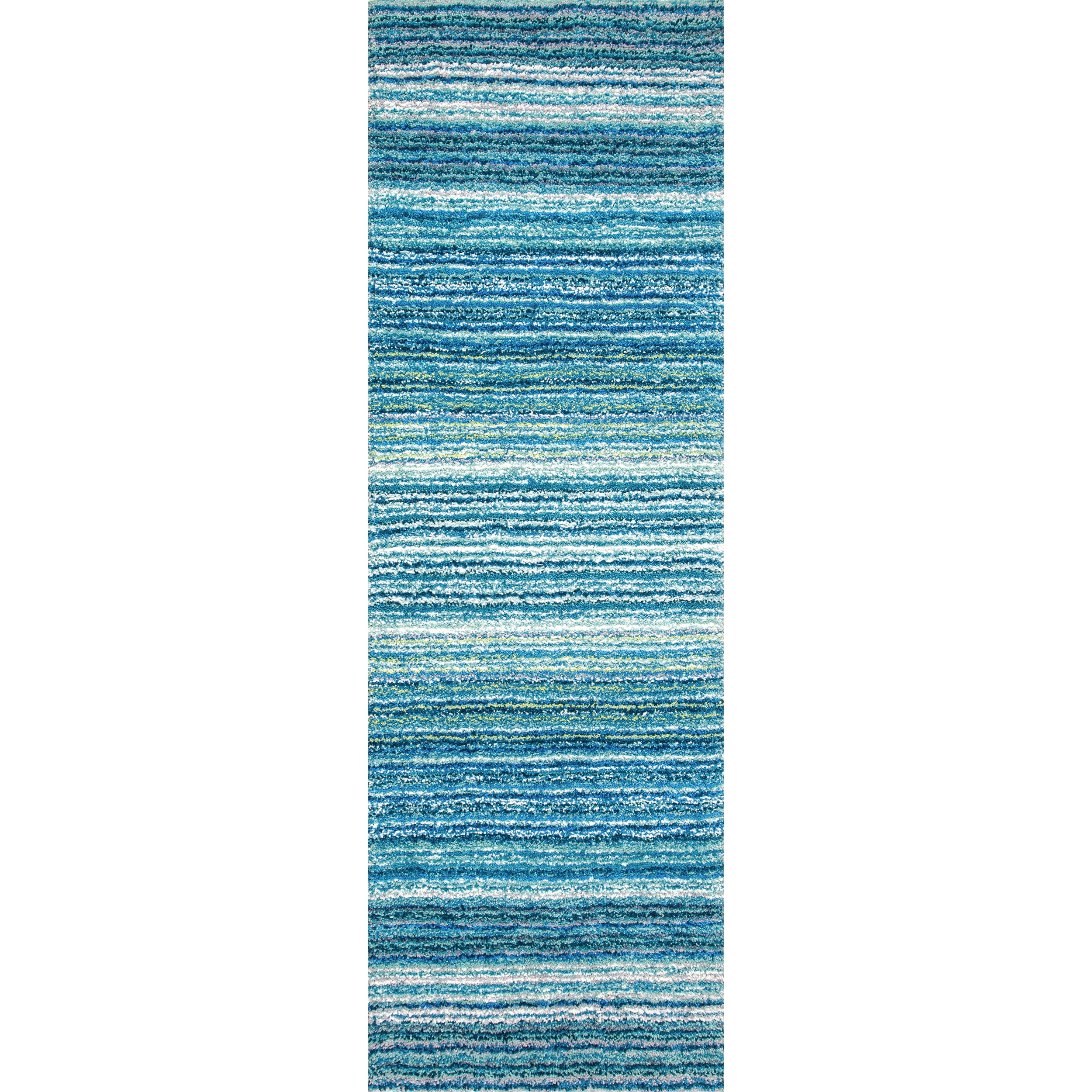 Sky Blue Striped Synthetic Tufted Shag Runner Rug