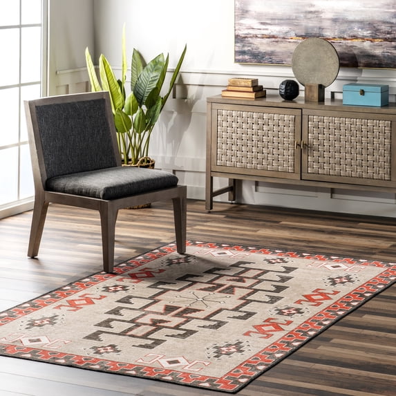 nuLOOM Clio Aztec Bordered Machine Washable Area Rug, 5' x 8', Brown