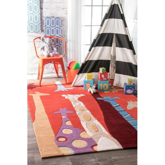 nuLOOM Colorful Giraffes Nursery Kids Area Rug, 3' 6" x 5' 6", Red