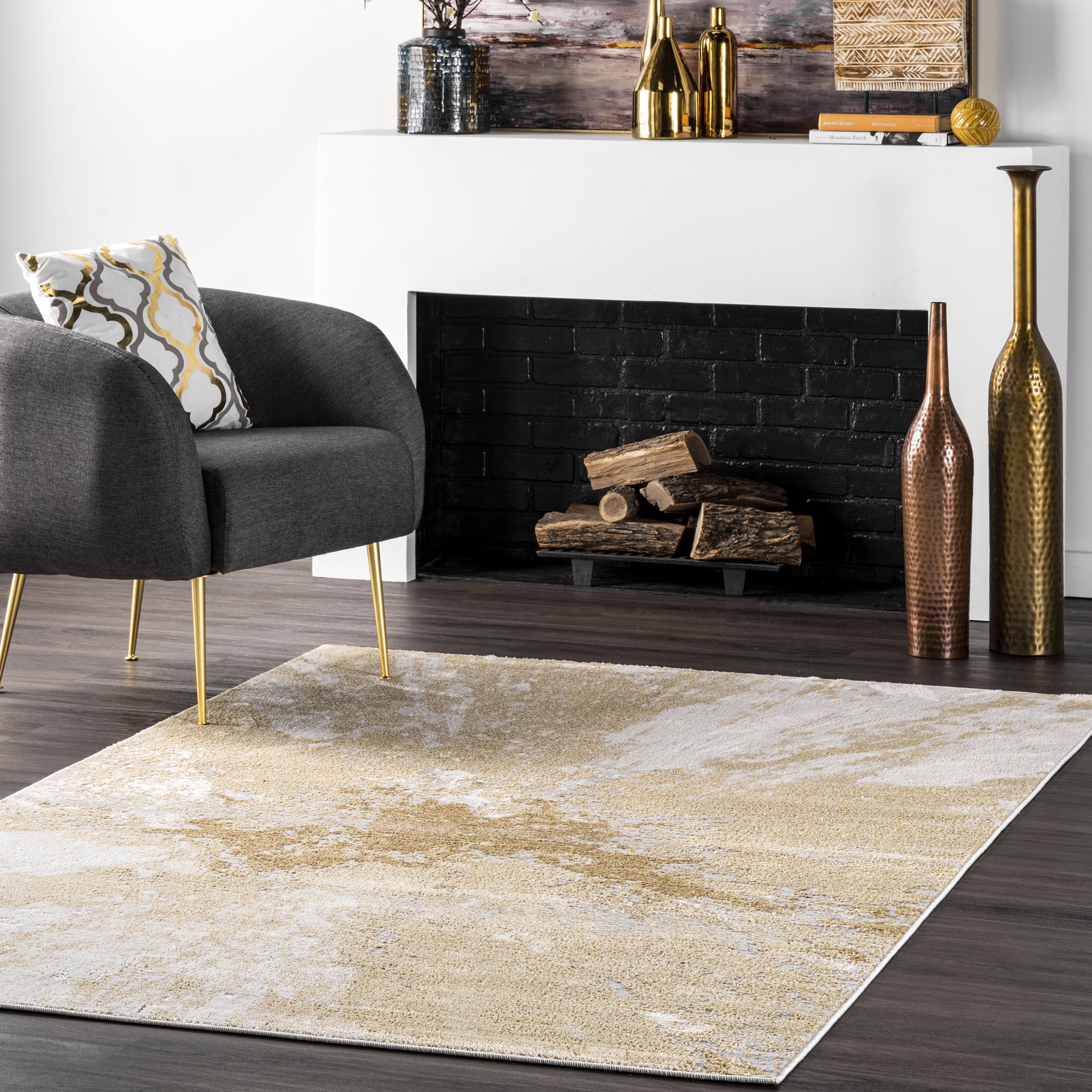 Gold and White Abstract Rectangular Area Rug