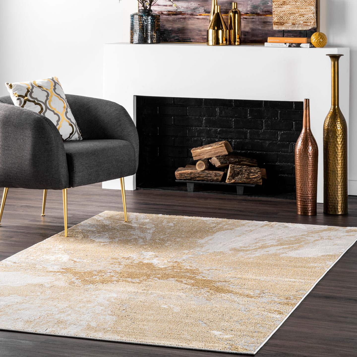 Gold and Gray Abstract 8' x 10' Stain-Resistant Synthetic Area Rug