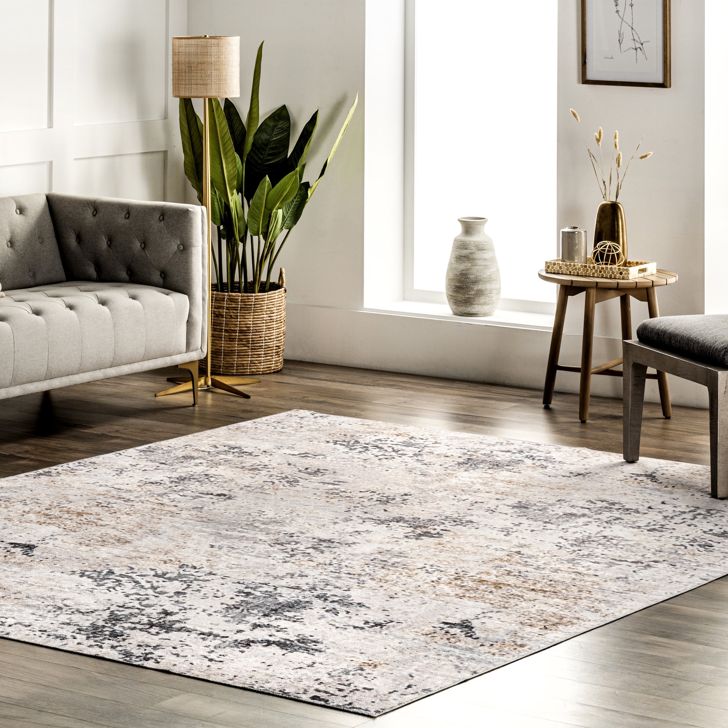 Ivory Abstract Washable Synthetic Area Rug, 2' 6" x 8'