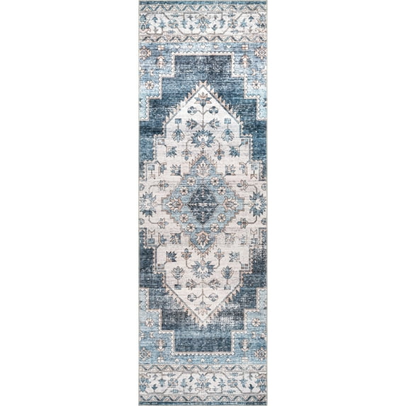 nuLOOM Dania Machine Washable Medallion Runner Rug, 2' 6" x 8', Navy