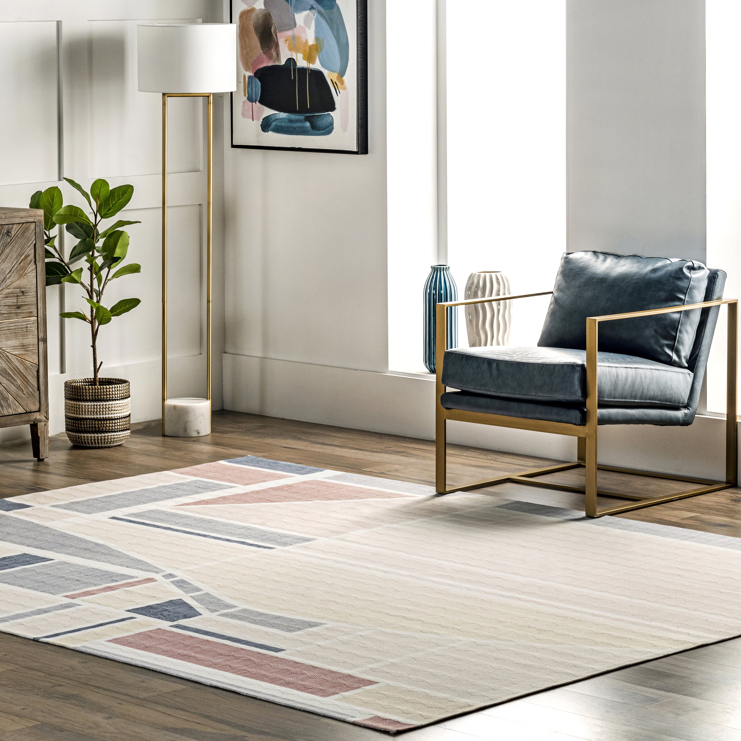 Modern Geometric Gray and Beige Washable Viscose Area Rug