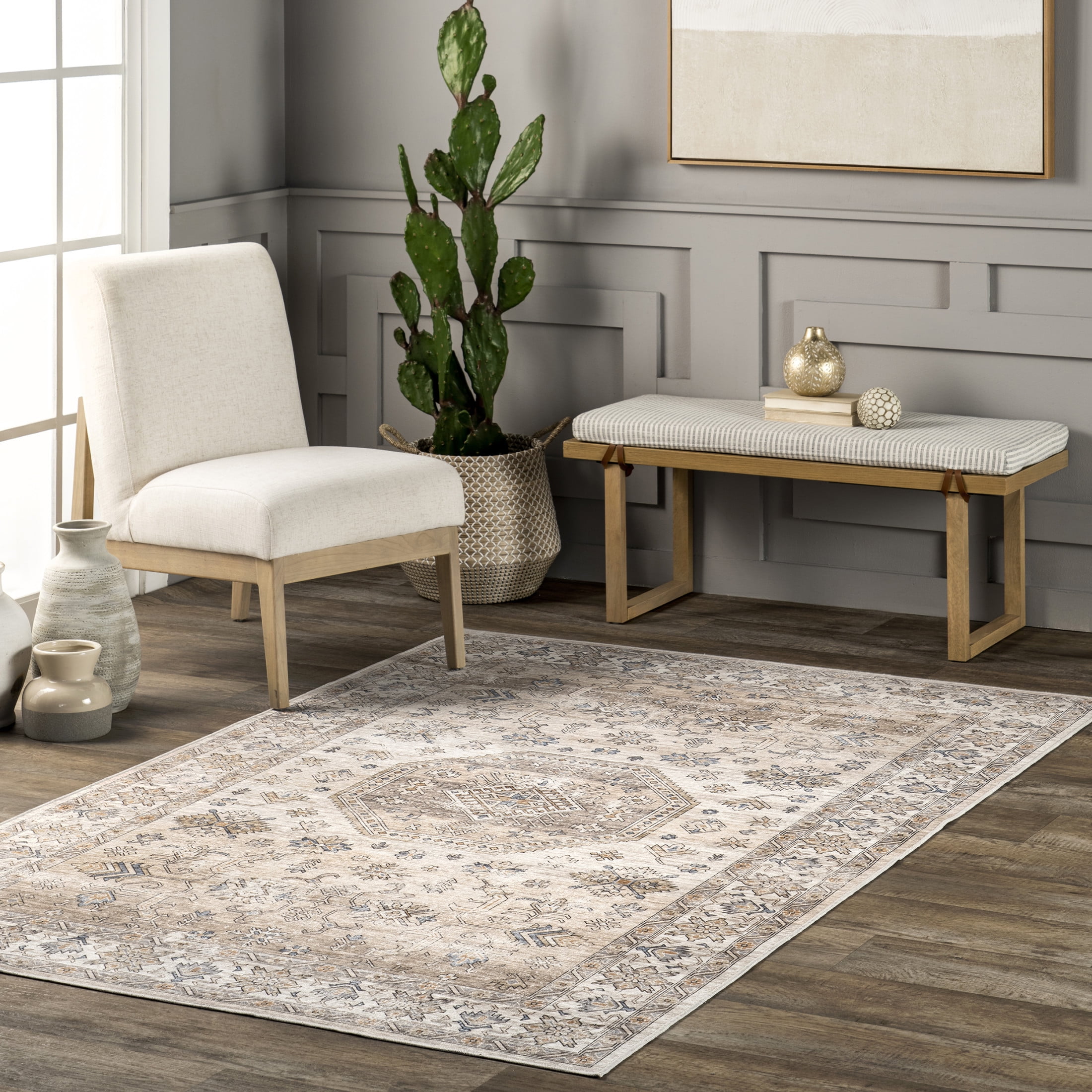 Darby Beige and Ivory Synthetic Flat Woven Washable Area Rug