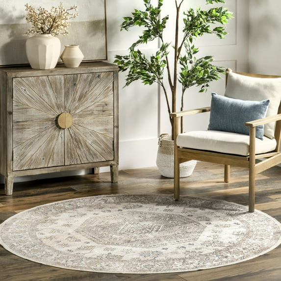 nuLOOM Darby Persian SplashGuard Machine Washable Area Rug, 8', Round, Darby Beige