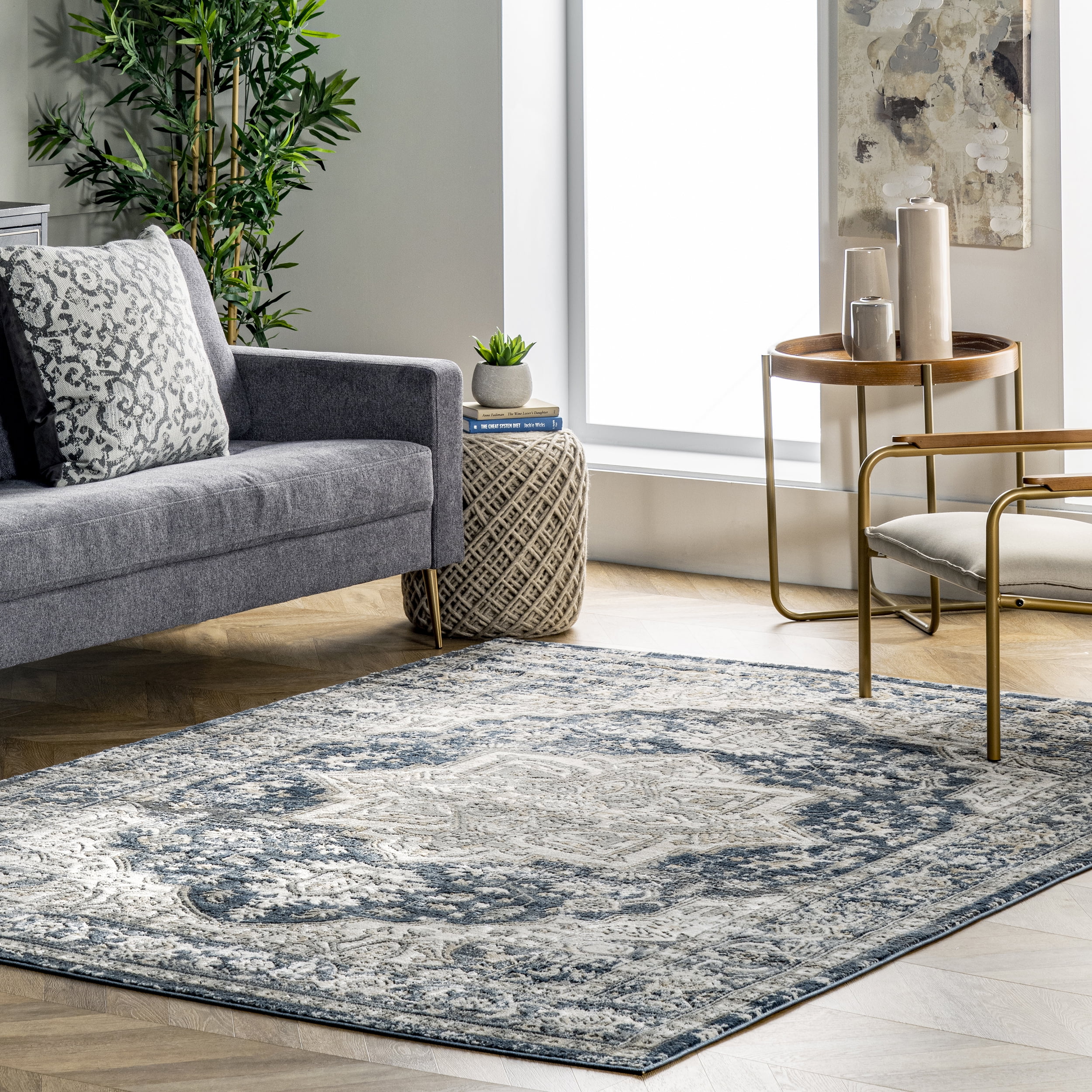 Beige Rectangular Synthetic Medallion Area Rug, 5' x 8'