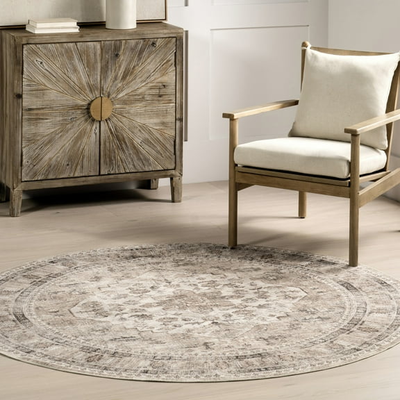 nuLOOM Davi Faded SplashGuard Machine Washable Area Rug, 6', Round, Davi Stone