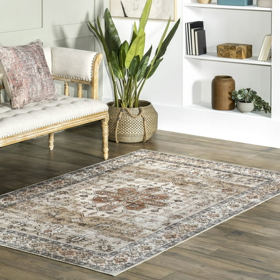nuLOOM Dawson SpinClean Machine Washable Distressed Medallion Area Rug, 3' x 5', Dawson Beige