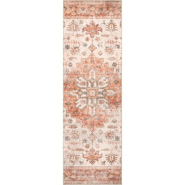 nuLOOM Dawson Machine Washable Distressed Medallion Runner Rug, 2' 6" x 8', Peach
