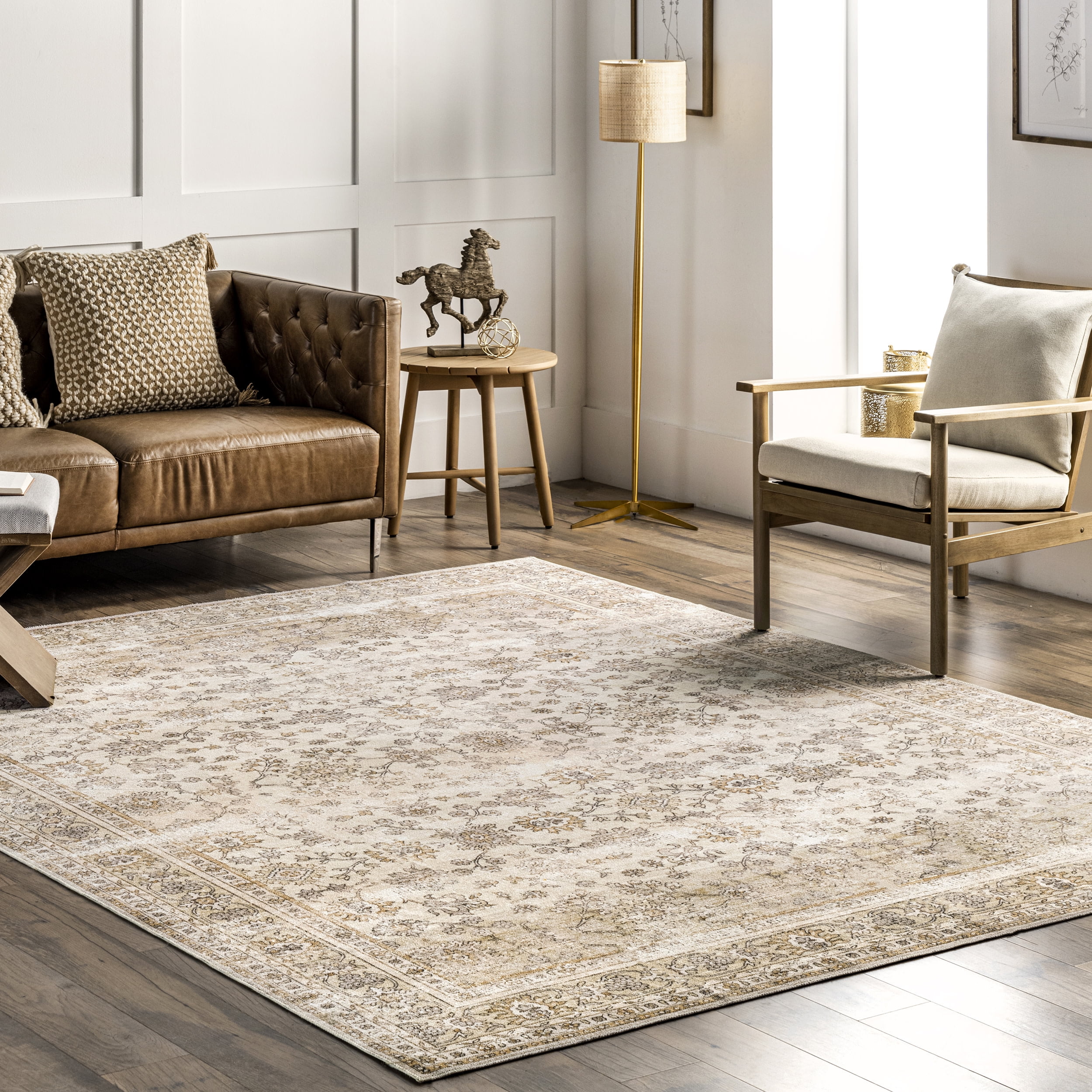 Beige Floral Machine Washable Stain-Resistant Area Rug