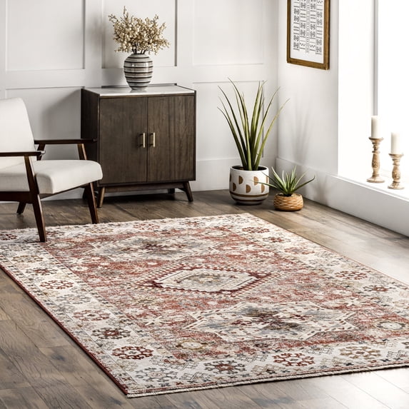 nuLOOM Deandra Distressed Vintage Medallion Bordered Area Rug, 8' 10" x 12', Rust