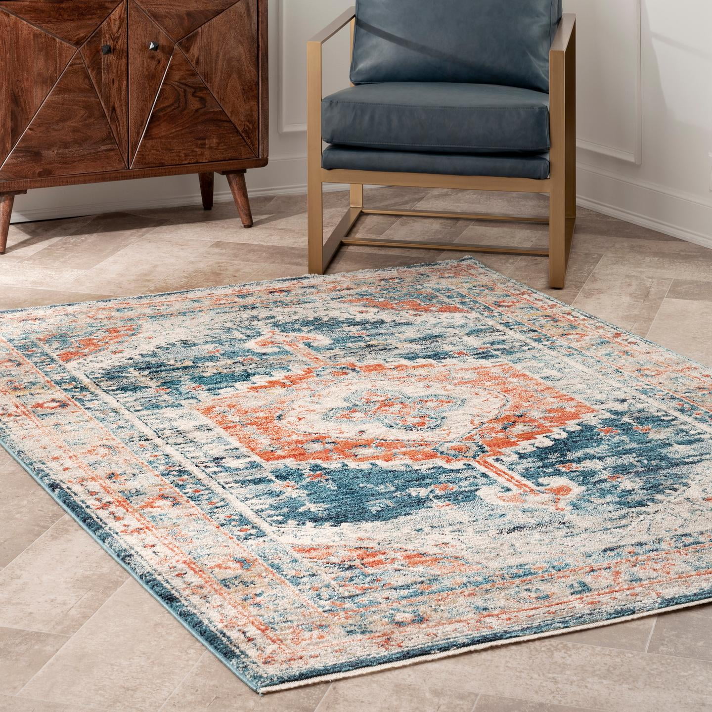 Regal Blue Medallion 4' x 6' Easy-Care Synthetic Area Rug
