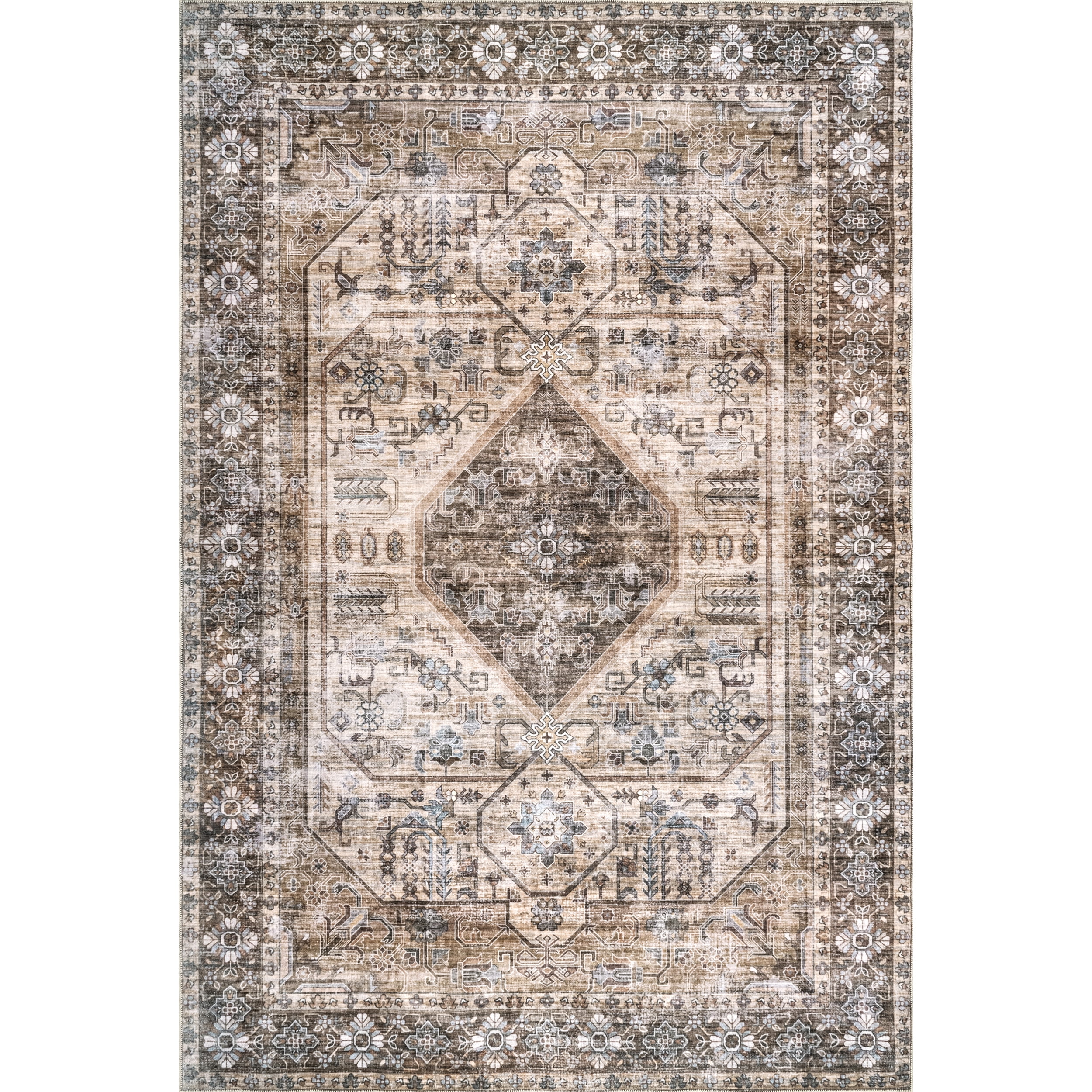 Eco-Friendly Easy Care Vintage Medallion Rug in Light Brown 3' x 5'