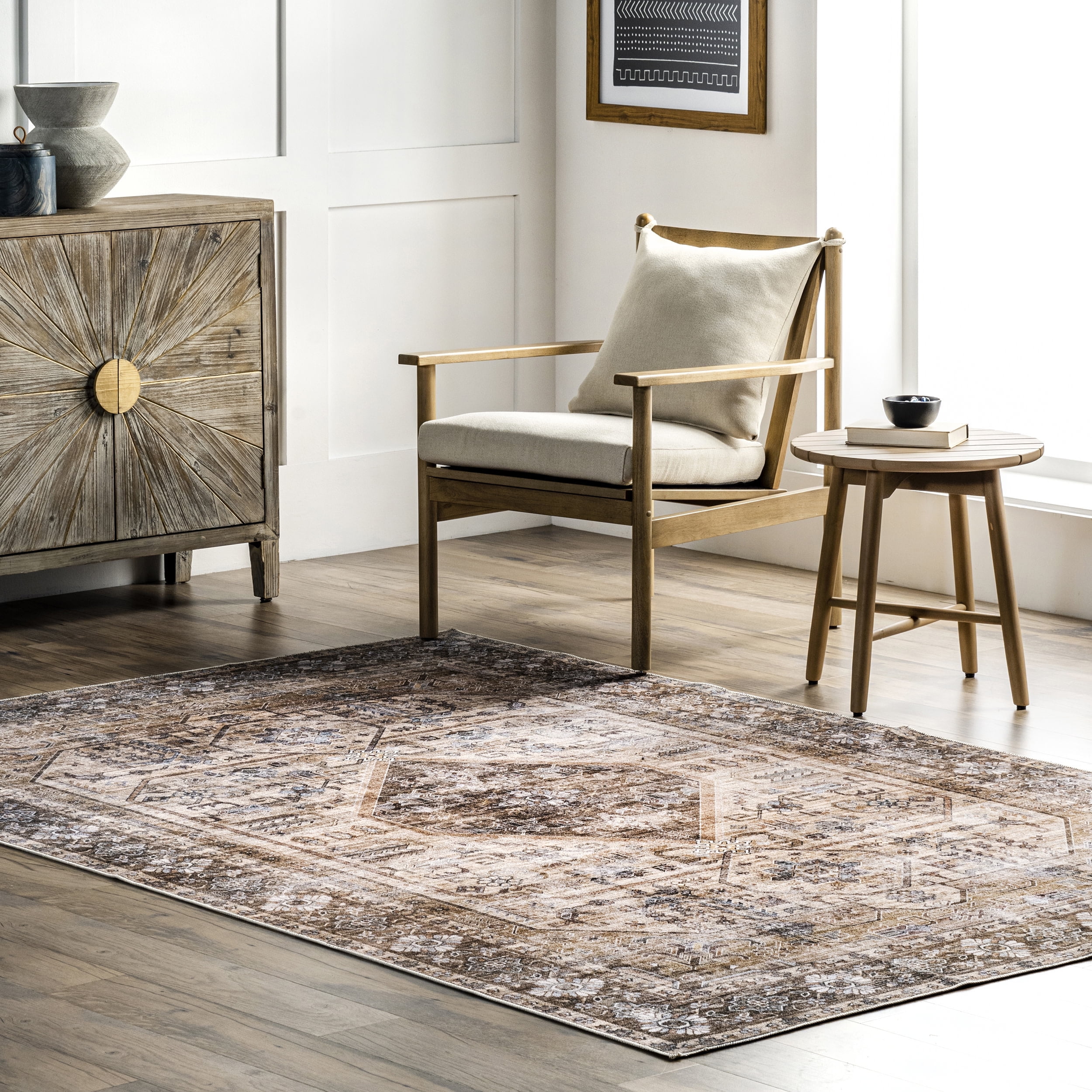 nuLOOM Devin Machine Washable Vintage Medallion Area Rug, 8' x 10', Light Brown