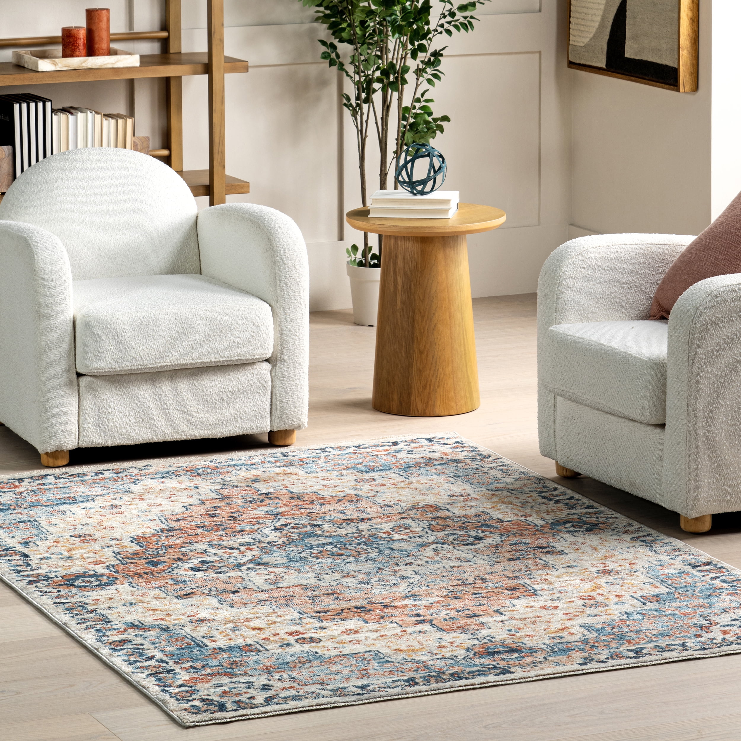 Rust and Blue Medallion Synthetic Area Rug, 6' 7" x 9'