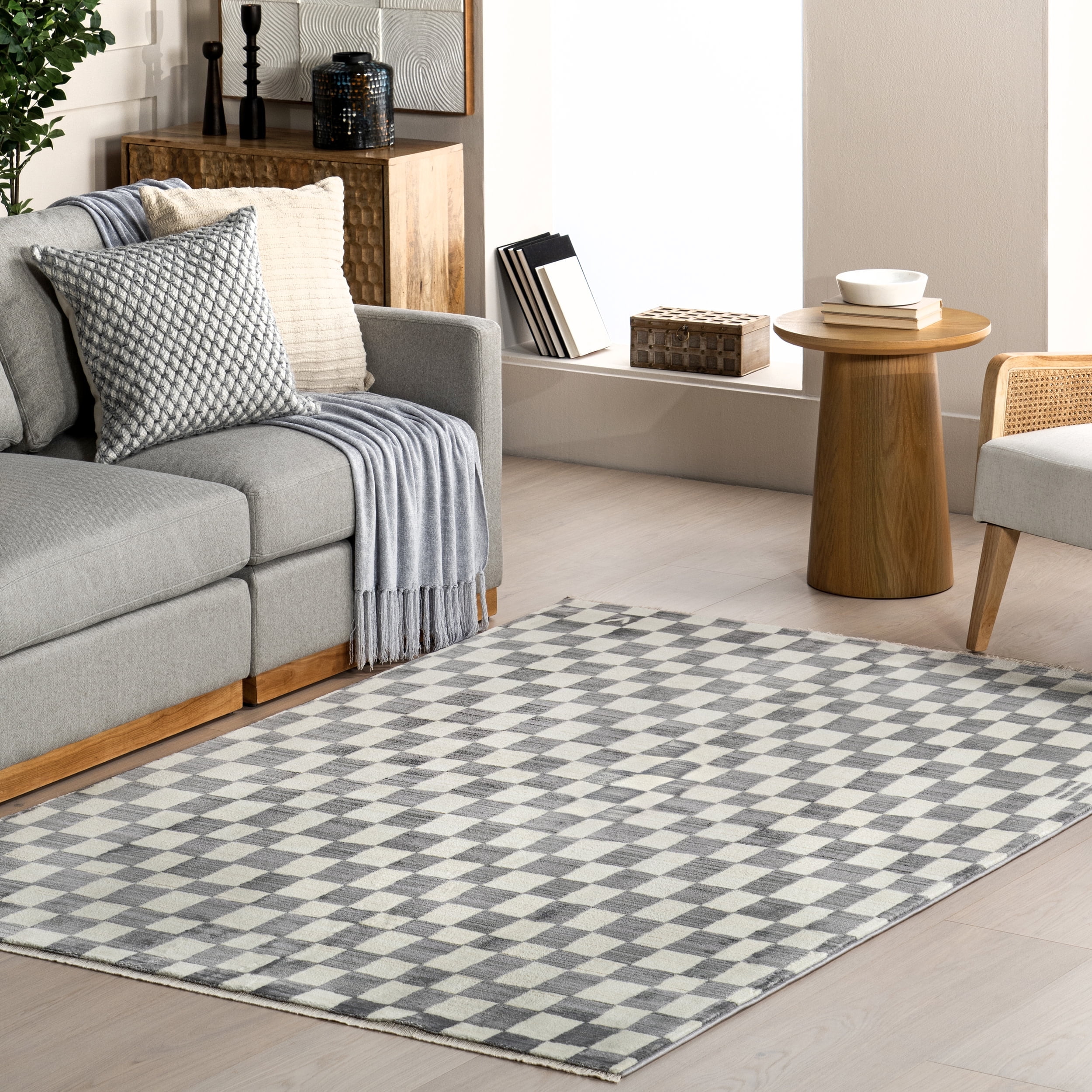 Dominique Gray Abstract Checkered Fringe Area Rug, 9' x 13'