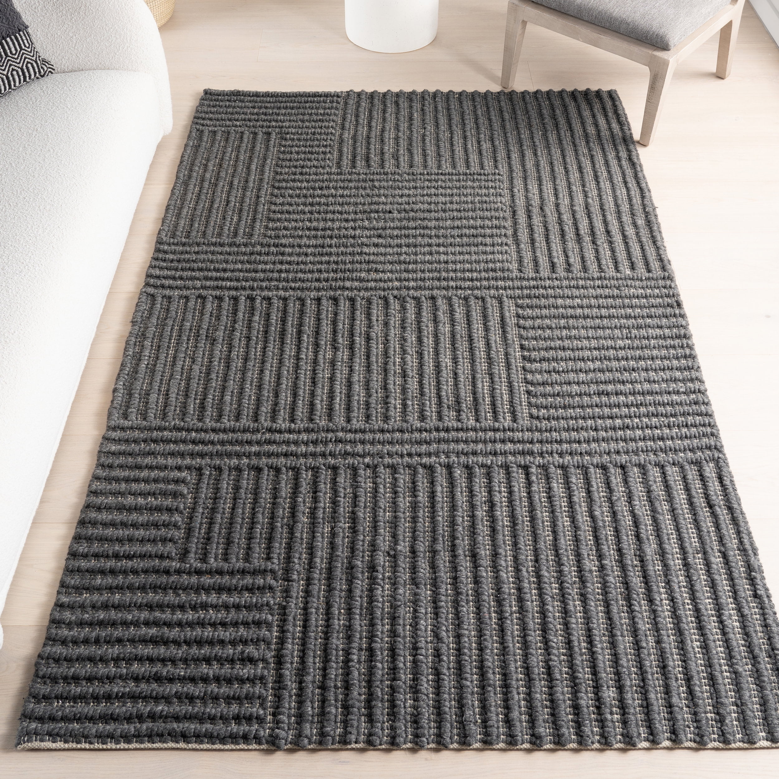 Handmade Charcoal Striped Wool and Cotton 8' x 10' Area Rug