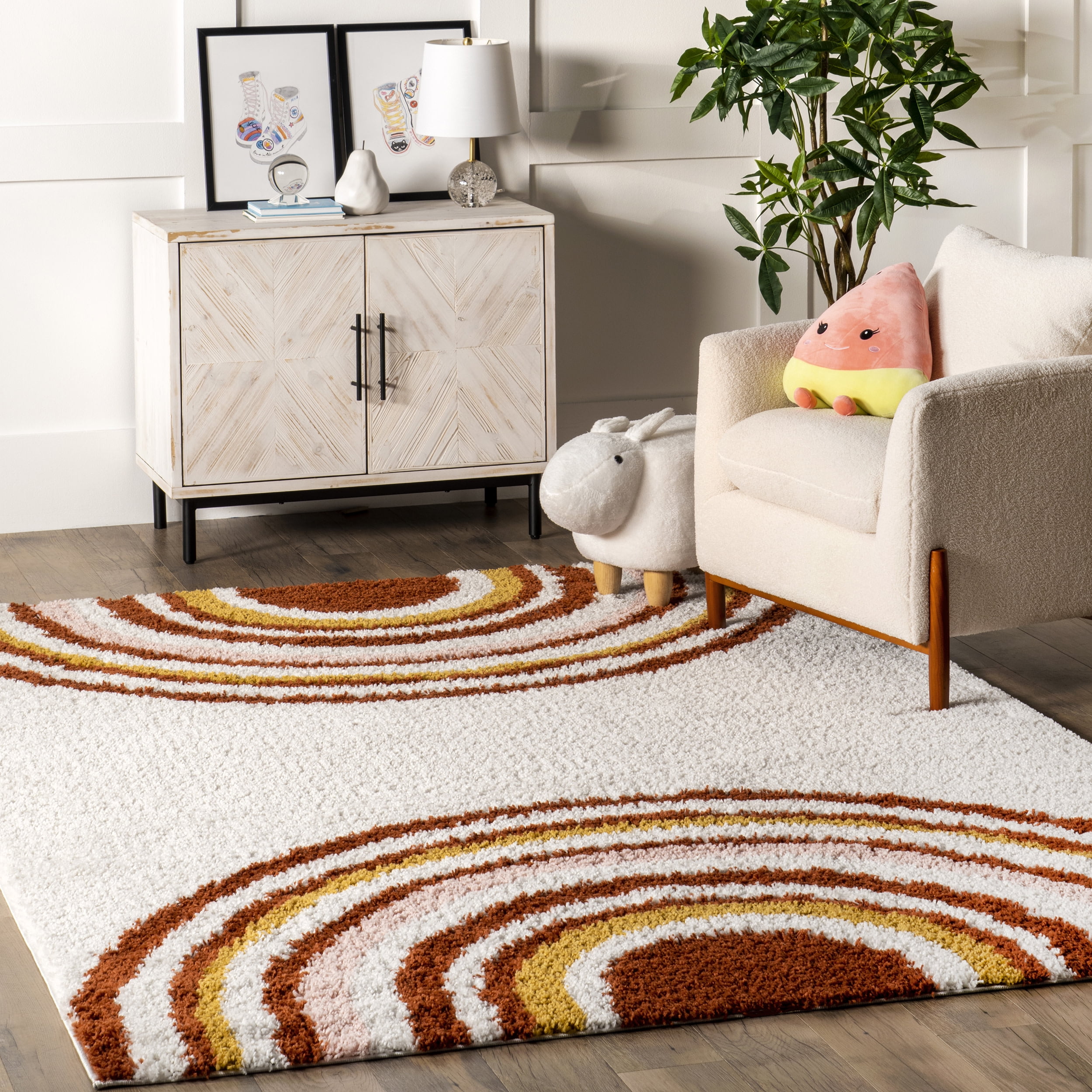 Dotty Half Sunset Shag Area Rug, 6' 7" x 9', Orange and White