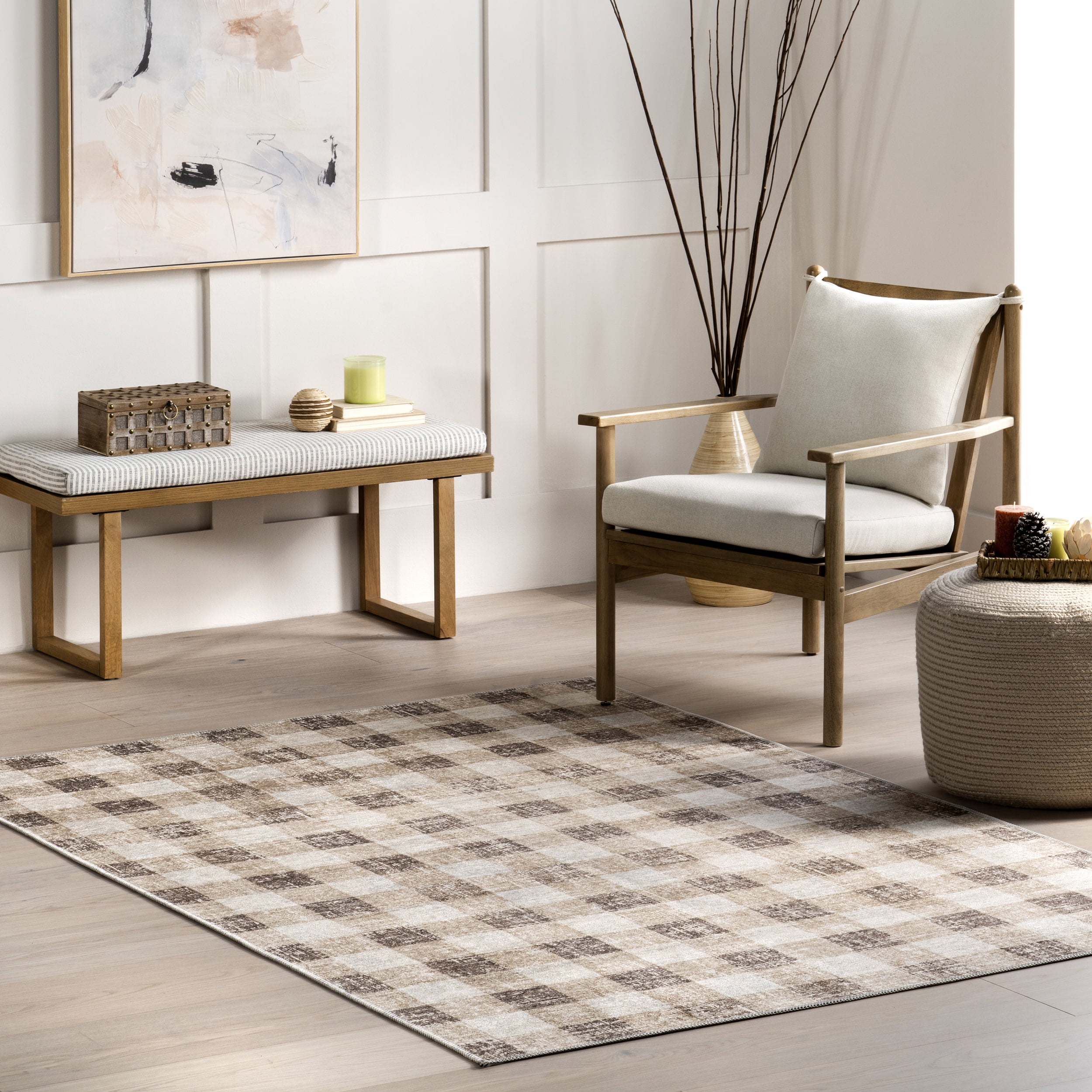 nuLOOM Drew Gingham Plaid Machine Washable Area Rug, 4' x 6', Light Brown