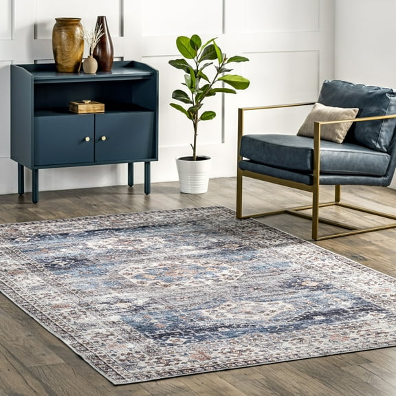 nuLOOM Drina SpinClean Distressed Machine Washable Area Rug, 4' x 6', Drina Blue