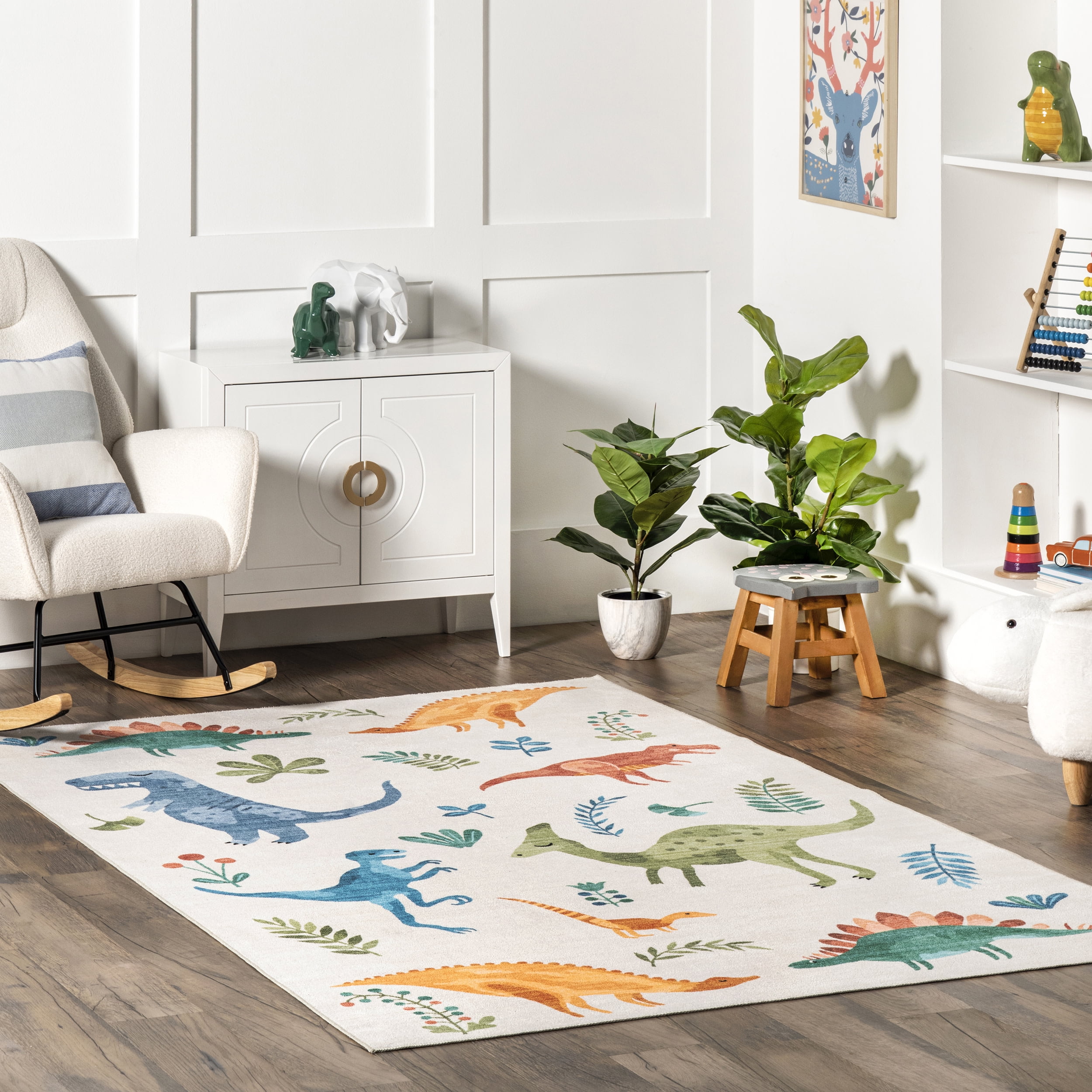 Eamon Dinosaur Graphic Multicolor Synthetic Kids Washable Area Rug