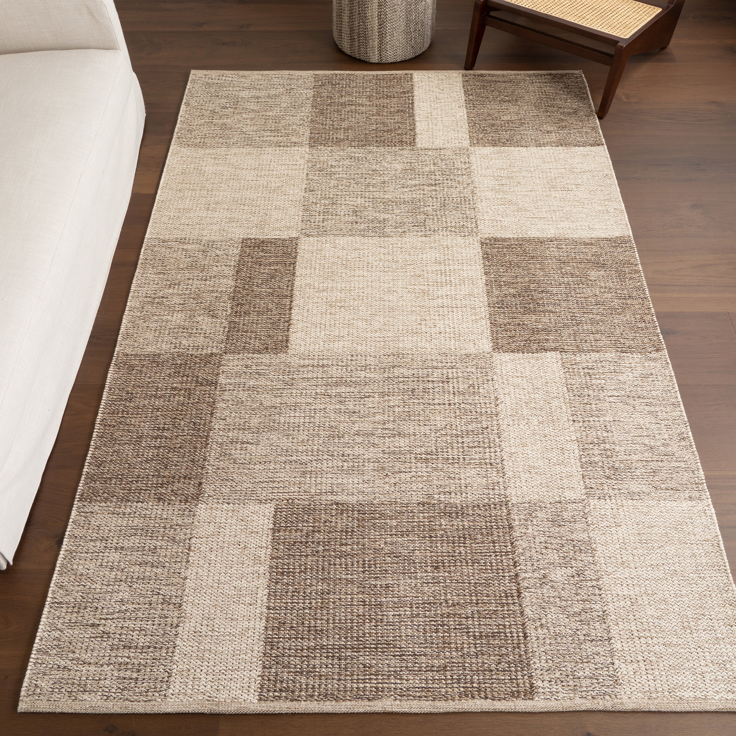 Handmade Rectangular Beige and Brown Cotton Area Rug, 5' x 8'