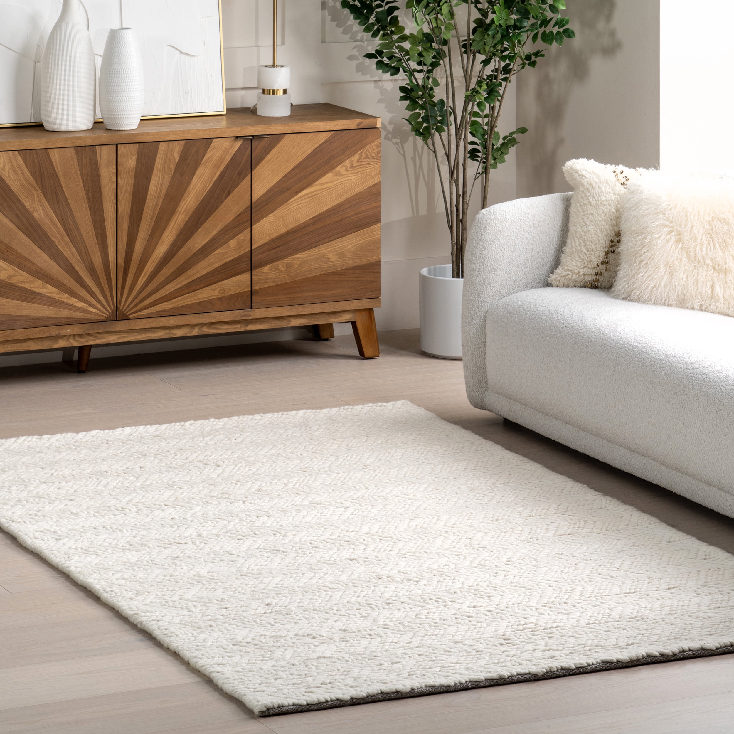 Ivory Hand-Braided Wool Rectangular Area Rug, 5' x 8'