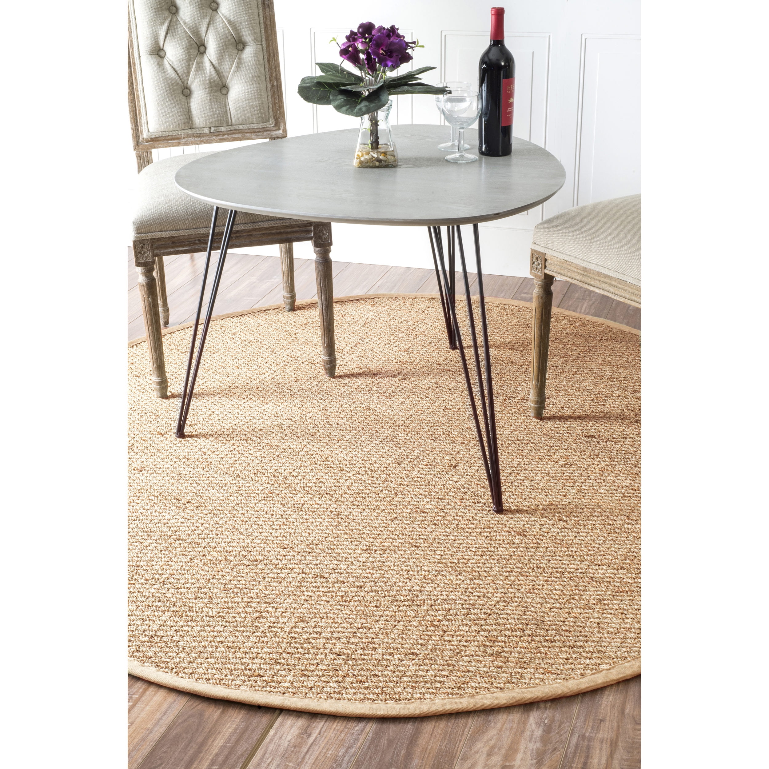 Elijah Beige Seagrass Round 4' Area Rug with Cotton Border